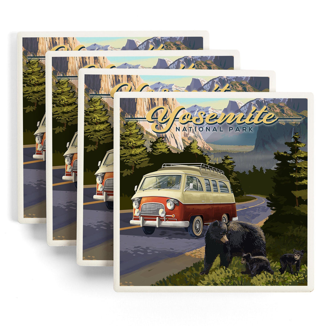 Yosemite National Park, California, Camper Van and Wildlife, Coasters Coasters Lantern Press 