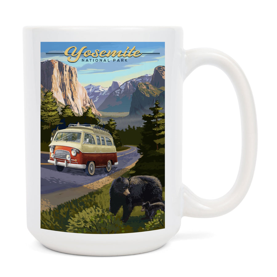 Yosemite National Park, California, Camper Van & Wildlife, Lantern Press Artwork, Ceramic Mug Mugs Lantern Press 