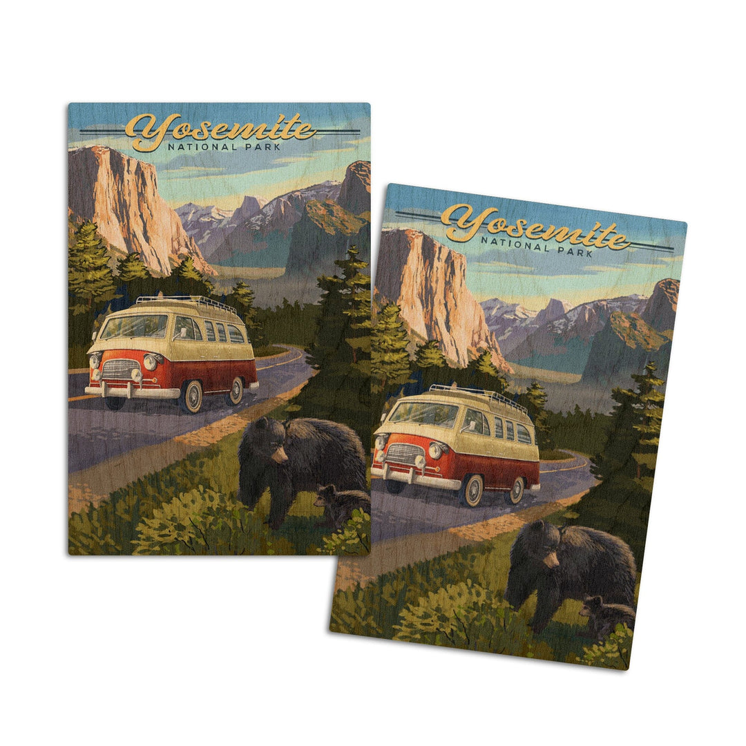 Yosemite National Park, California, Camper Van & Wildlife, Lantern Press Artwork, Wood Signs and Postcards Wood Lantern Press 4x6 Wood Postcard Set 