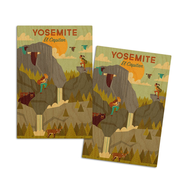 Yosemite National Park, California, El Capitan, Geometric National Park Series, Lantern Press Artwork, Wood Signs and Postcards Wood Lantern Press 4x6 Wood Postcard Set 