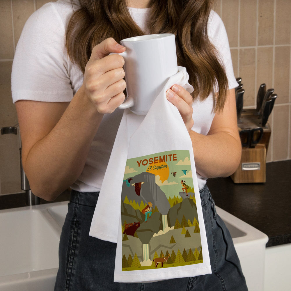 Yosemite National Park, California, El Capitan, Geometric National Park Series, Organic Cotton Kitchen Tea Towels Kitchen Lantern Press 