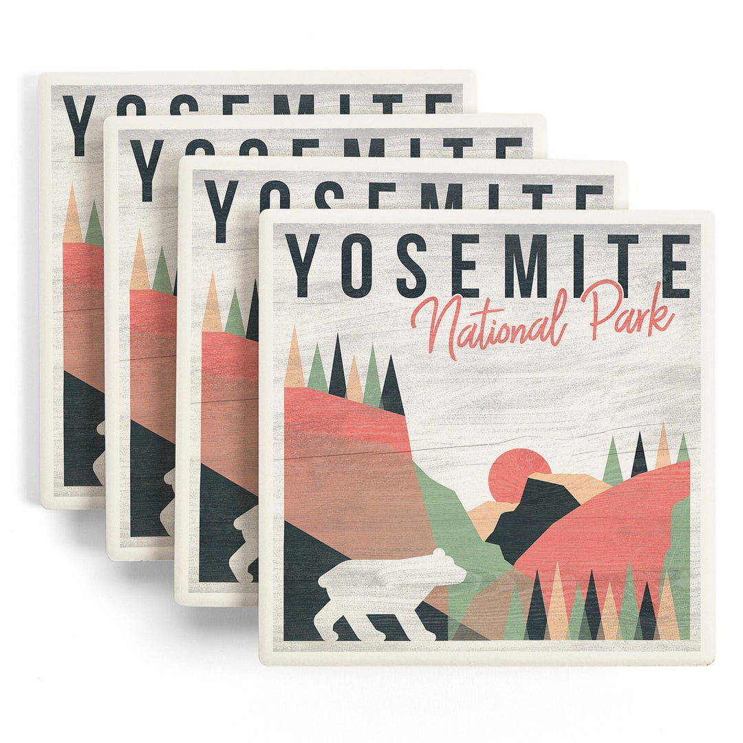 Yosemite National Park, California, El Capitan & Half Dome, Bear, Lantern Press, Coaster Set Coasters Lantern Press 