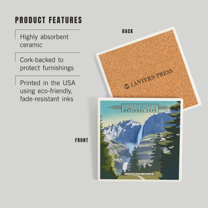 Yosemite National Park, California, Falls, Lithograph National Park Series, Coasters Coasters Lantern Press 