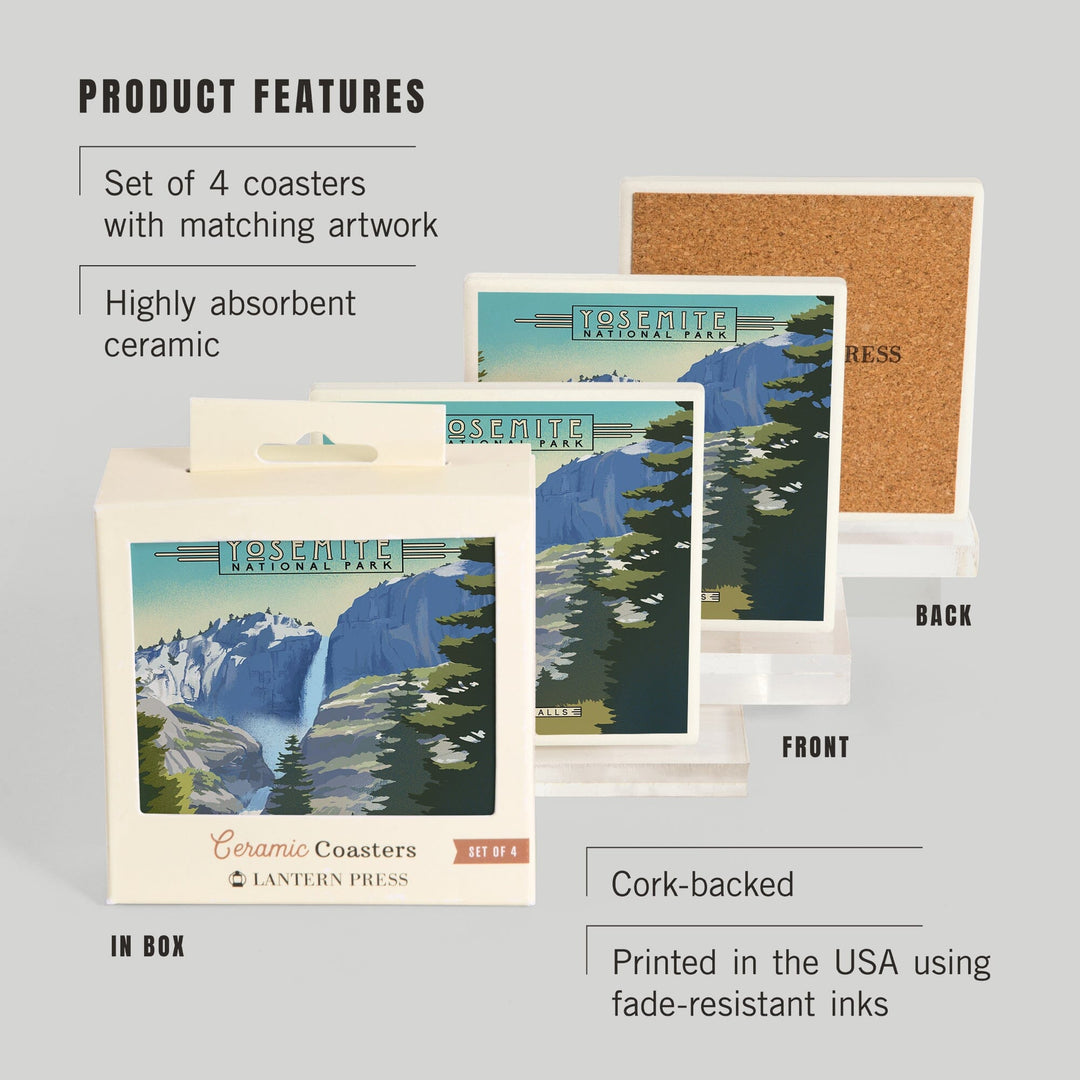 Yosemite National Park, California, Falls, Lithograph National Park Series, Coasters Coasters Lantern Press 