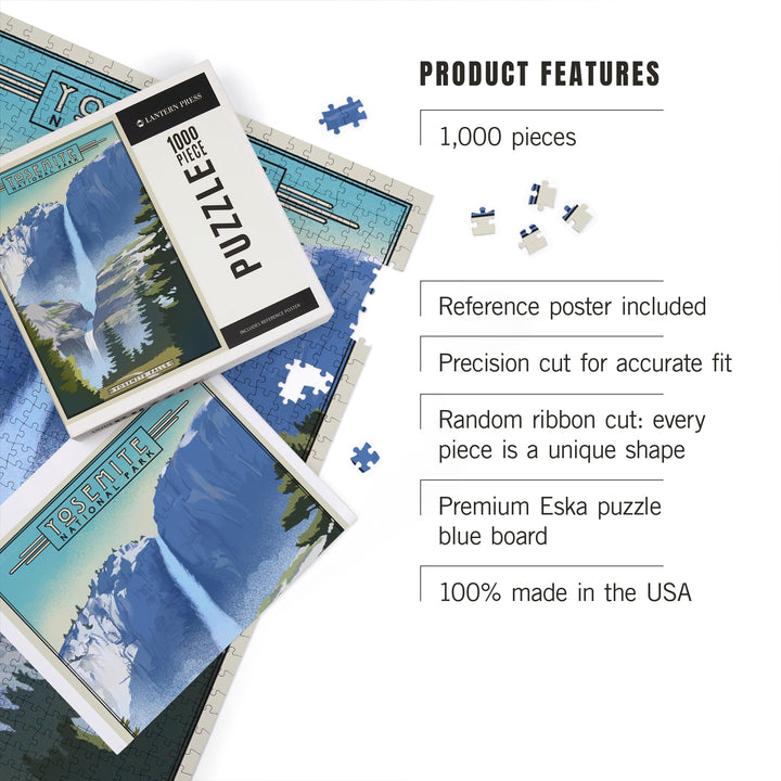 Yosemite National Park, California, Falls, Lithograph National Park Series, Jigsaw Puzzle Puzzle Lantern Press 