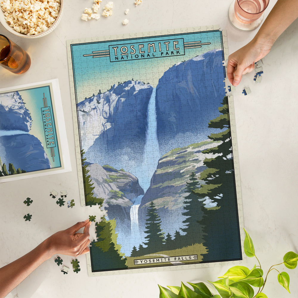 Yosemite National Park, California, Falls, Lithograph National Park Series, Jigsaw Puzzle Puzzle Lantern Press 