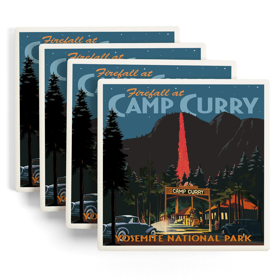 Yosemite National Park, California, Firefall and Camp Curry, Lantern Press Artwork, Coaster Set Coasters Lantern Press 