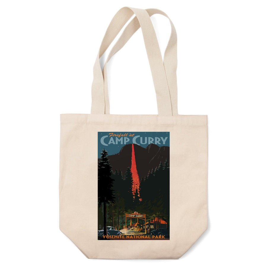 Yosemite National Park, California, Firefall and Camp Curry, Lantern Press Artwork, Tote Bag Totes Lantern Press 