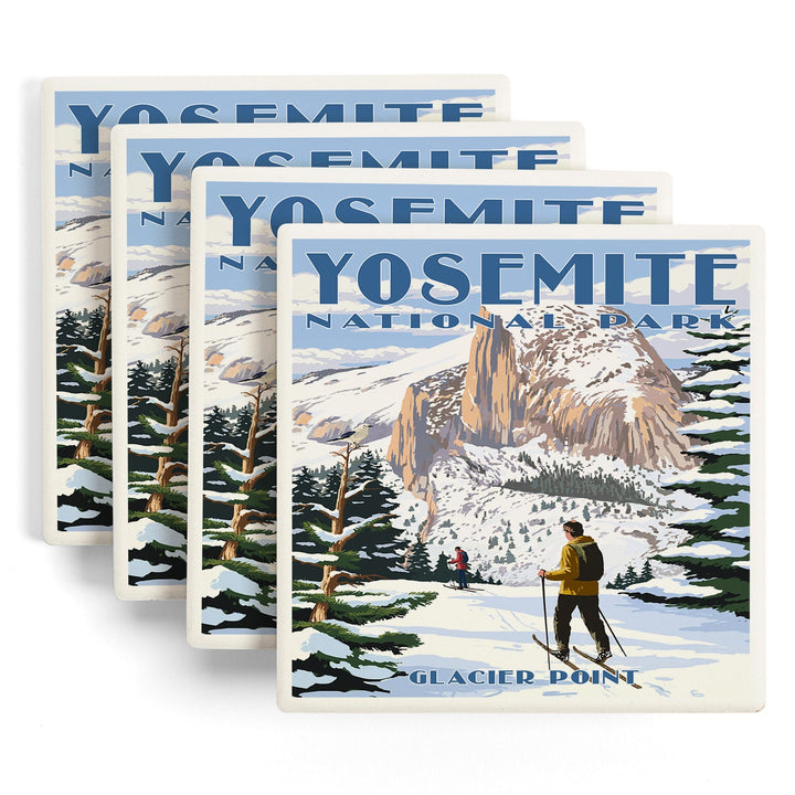 Yosemite National Park, California, Glacier Point and Half Dome, Ski Scene, Lantern Press Artwork, Coaster Set Coasters Lantern Press 