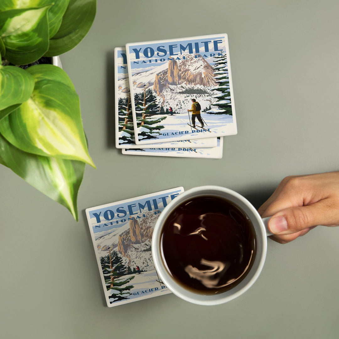 Yosemite National Park, California, Glacier Point and Half Dome, Ski Scene, Lantern Press Artwork, Coaster Set Coasters Lantern Press 