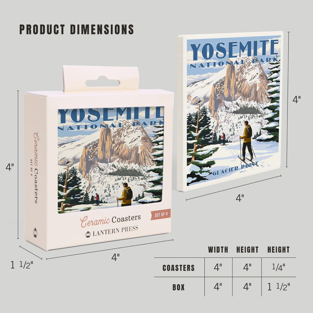 Yosemite National Park, California, Glacier Point and Half Dome, Ski Scene, Lantern Press Artwork, Coaster Set Coasters Lantern Press 