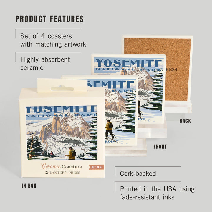 Yosemite National Park, California, Glacier Point and Half Dome, Ski Scene, Lantern Press Artwork, Coaster Set Coasters Lantern Press 