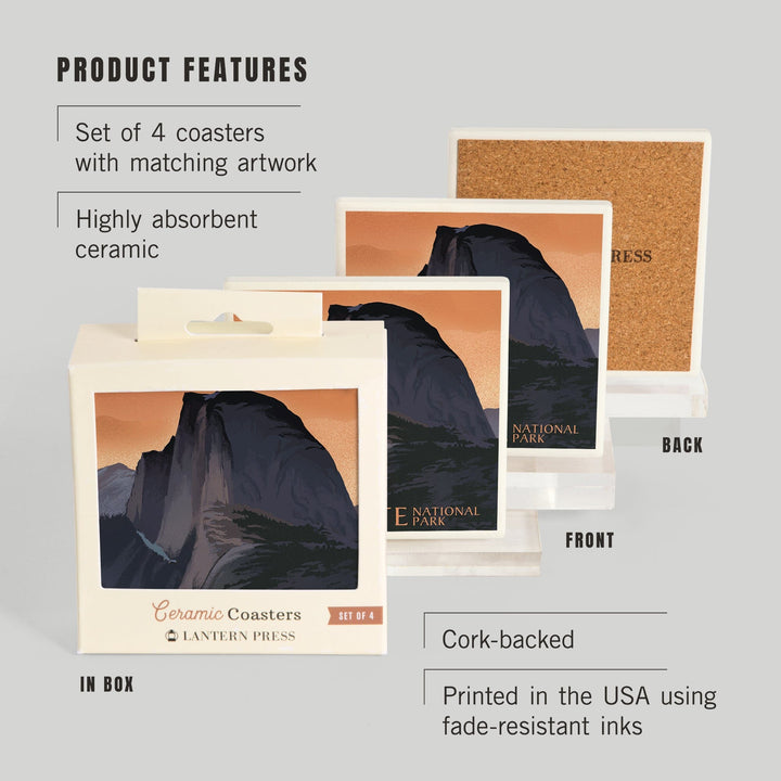 Yosemite National Park, California, Half Dome, Orange Sky, Lithograph, Coasters Coasters Lantern Press 