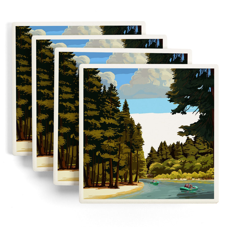 Yosemite National Park, California, Merced River Rafting, Lantern Press Artwork, Coaster Set Coasters Lantern Press 