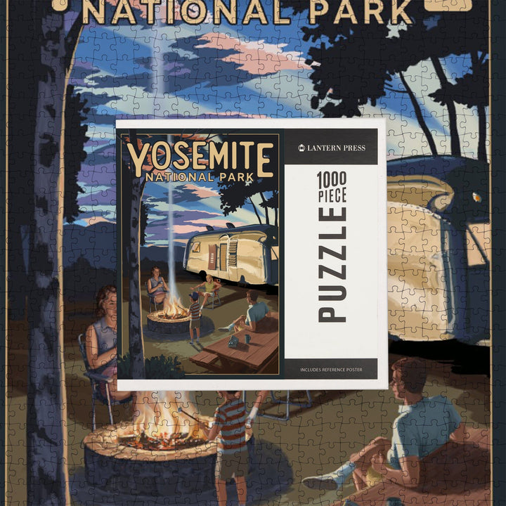 Yosemite National Park, California, Retro Camper and Mountains, Jigsaw Puzzle Puzzle Lantern Press 