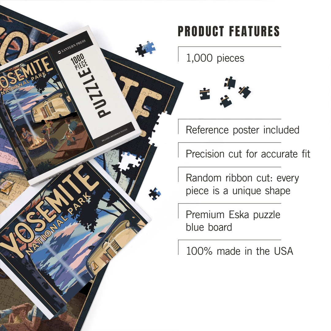 Yosemite National Park, California, Retro Camper and Mountains, Jigsaw Puzzle Puzzle Lantern Press 