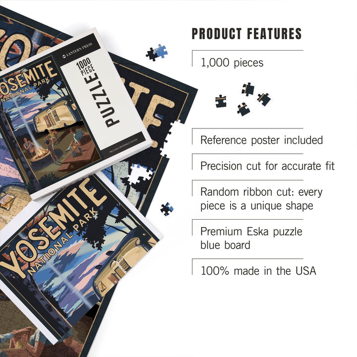 Yosemite National Park, California, Retro Camper and Mountains, Jigsaw Puzzle Puzzle Lantern Press 