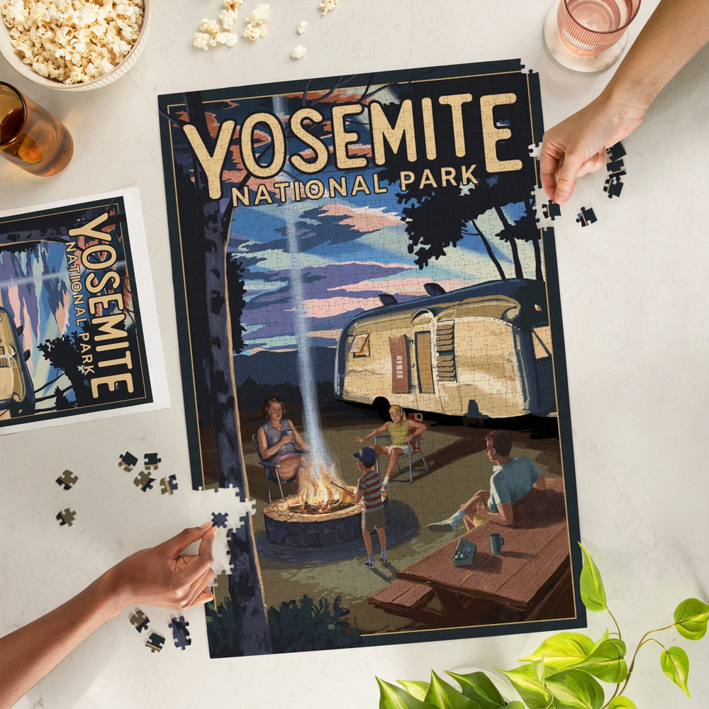 Yosemite National Park, California, Retro Camper and Mountains, Jigsaw Puzzle Puzzle Lantern Press 