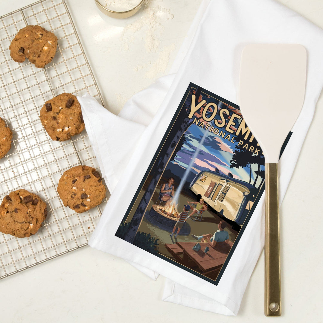 Yosemite National Park, California, Retro Camper and Mountains, Organic Cotton Kitchen Tea Towels Kitchen Lantern Press 