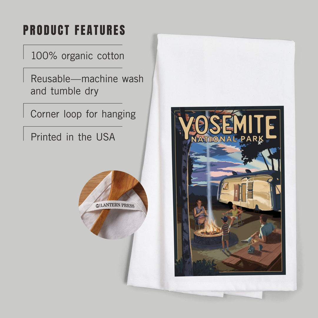 Yosemite National Park, California, Retro Camper and Mountains, Organic Cotton Kitchen Tea Towels Kitchen Lantern Press 