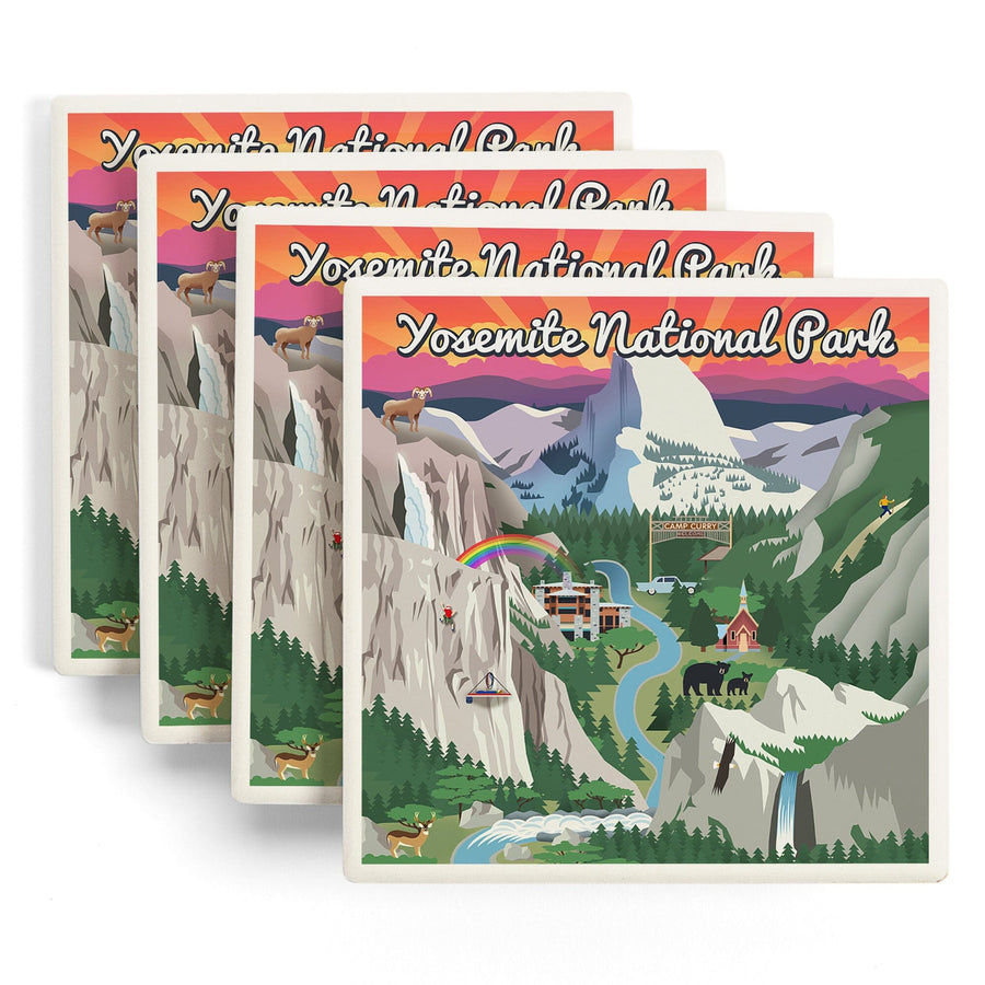 Yosemite National Park, California, Retro Views, Lantern Press Poster, Coaster Set Coasters Lantern Press 