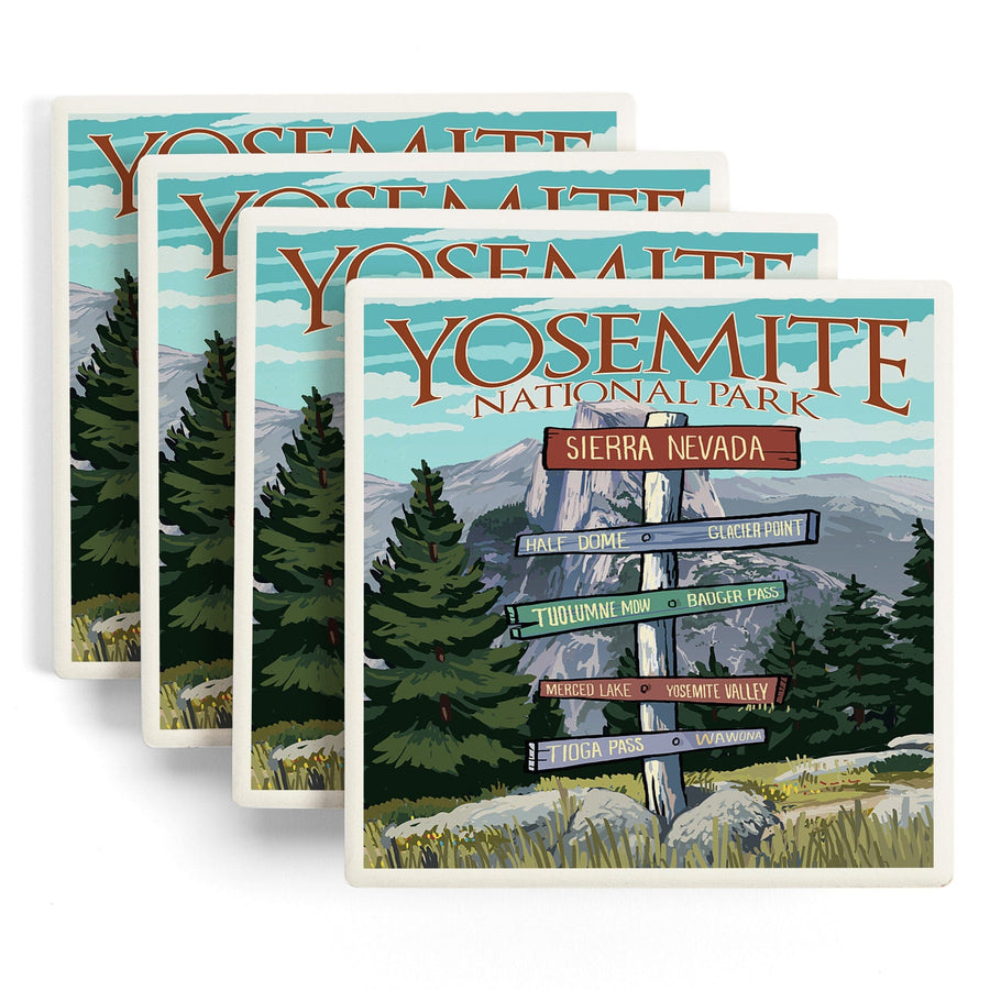 Yosemite National Park, California, Signpost, Lantern Press Artwork, Coaster Set Coasters Lantern Press 