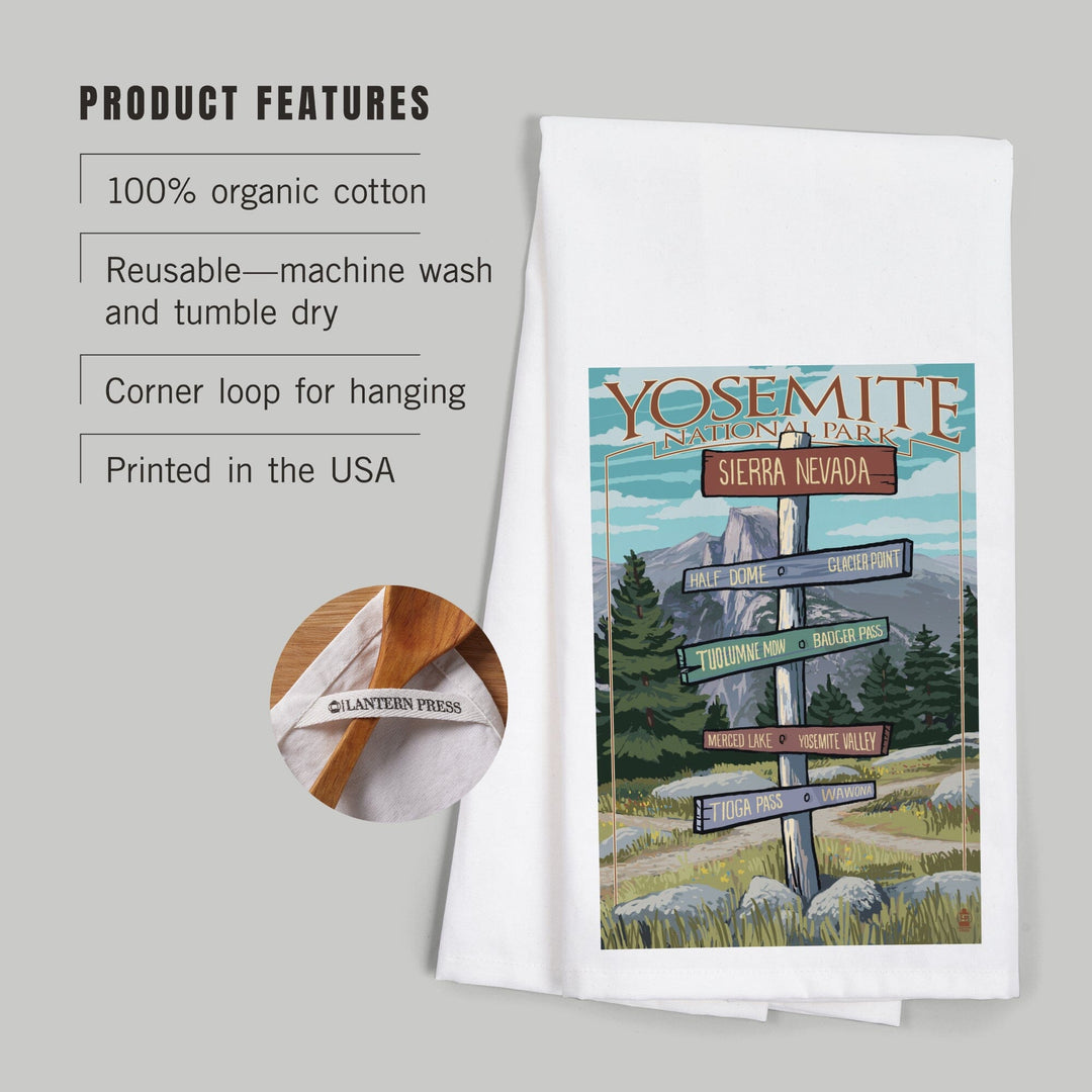 Yosemite National Park, California, Signpost, Organic Cotton Kitchen Tea Towels Kitchen Lantern Press 