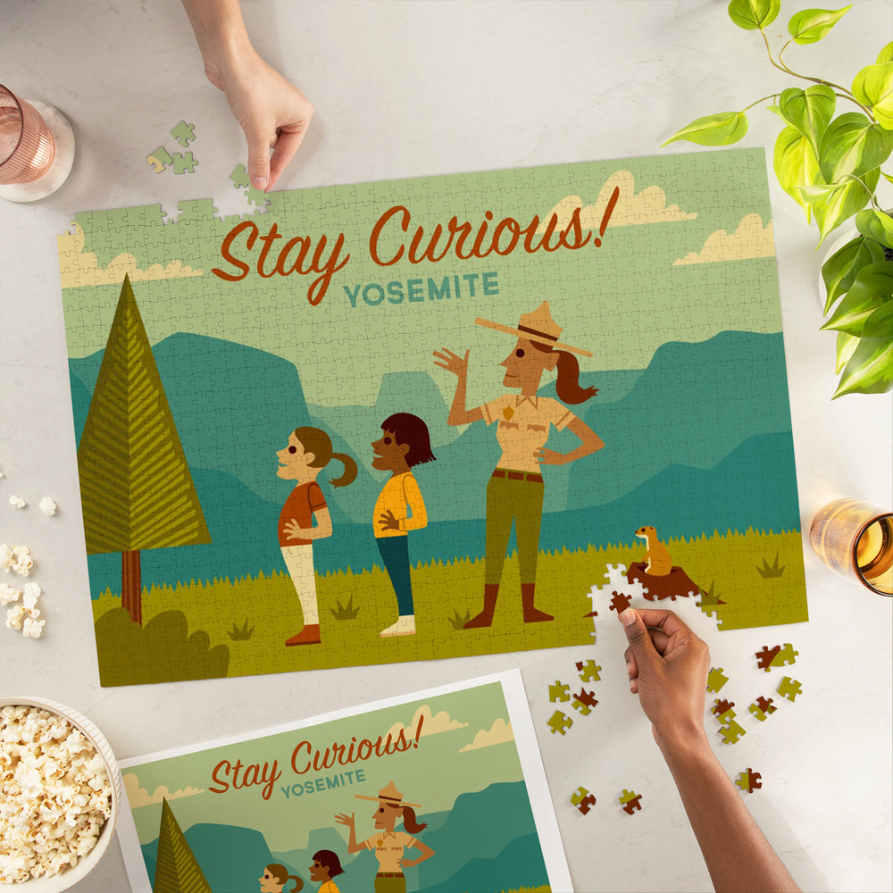 Yosemite National Park, California, Stay Curious, Ranger Scene, Geometric, Jigsaw Puzzle Puzzle Lantern Press 