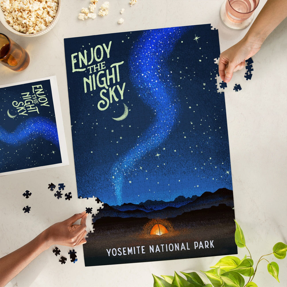 Yosemite National Park, California, Tent and Night Sky, Mid-Century Style, Jigsaw Puzzle Puzzle Lantern Press 