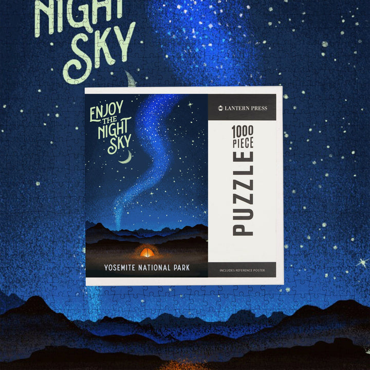 Yosemite National Park, California, Tent and Night Sky, Mid-Century Style, Jigsaw Puzzle Puzzle Lantern Press 