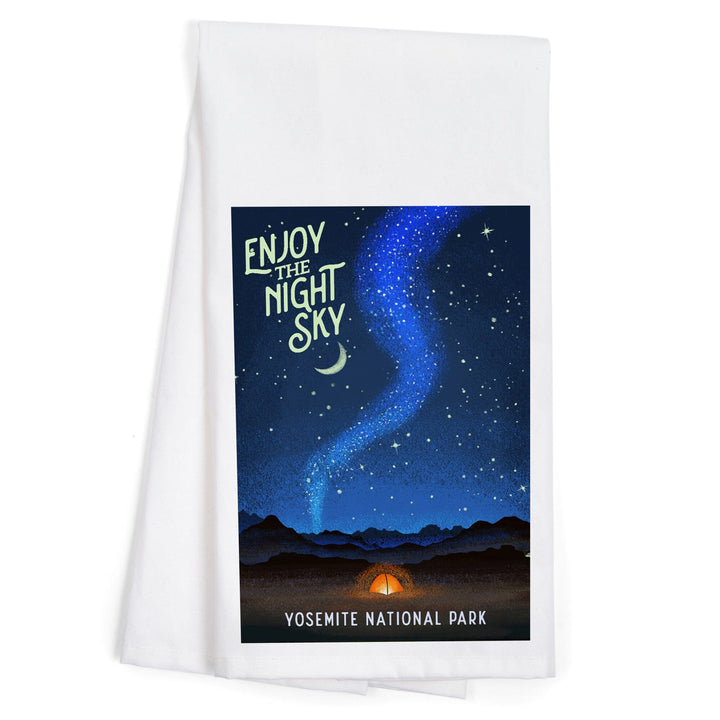 Yosemite National Park, California, Tent and Night Sky, Mid-Century Style, Organic Cotton Kitchen Tea Towels Kitchen Lantern Press 