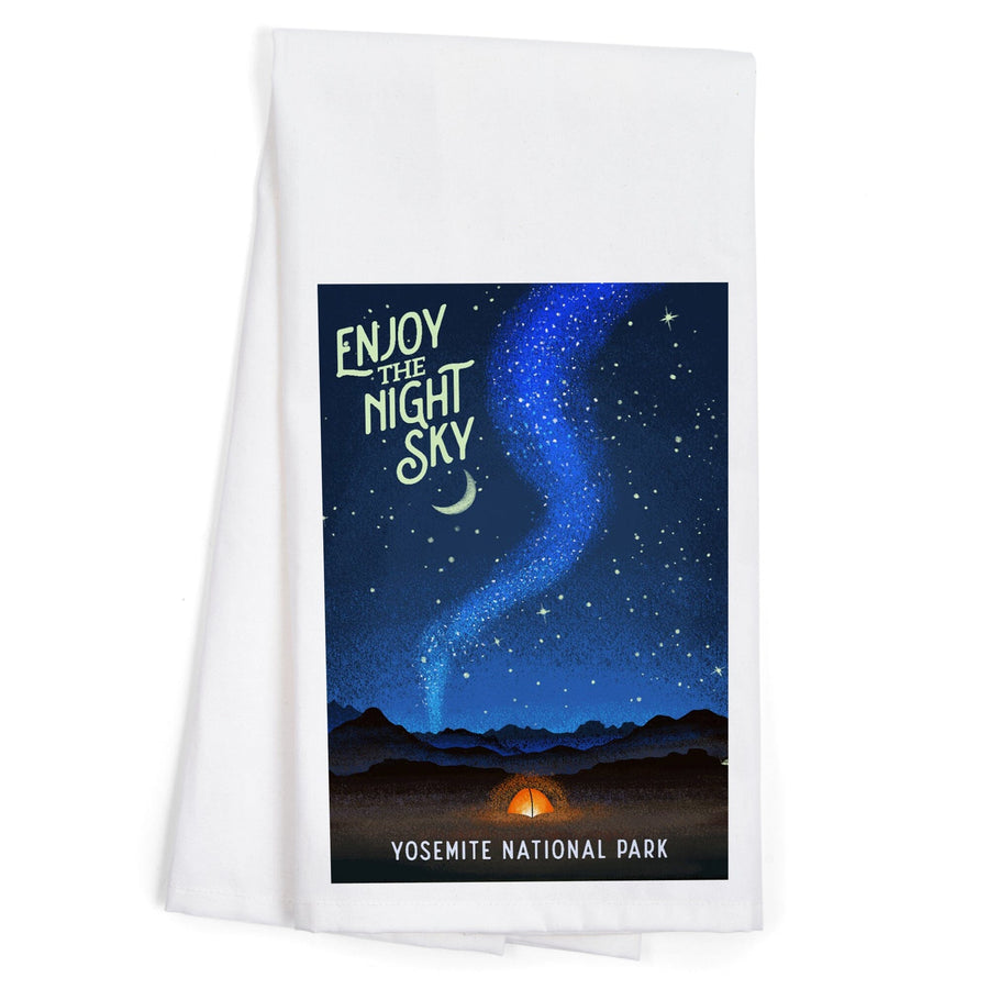Yosemite National Park, California, Tent and Night Sky, Mid-Century Style, Organic Cotton Kitchen Tea Towels Kitchen Lantern Press 