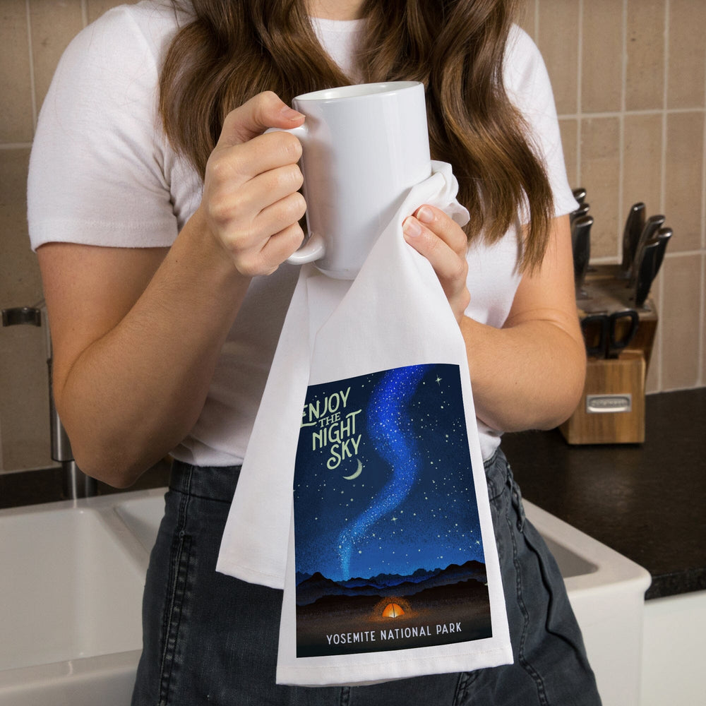 Yosemite National Park, California, Tent and Night Sky, Mid-Century Style, Organic Cotton Kitchen Tea Towels Kitchen Lantern Press 