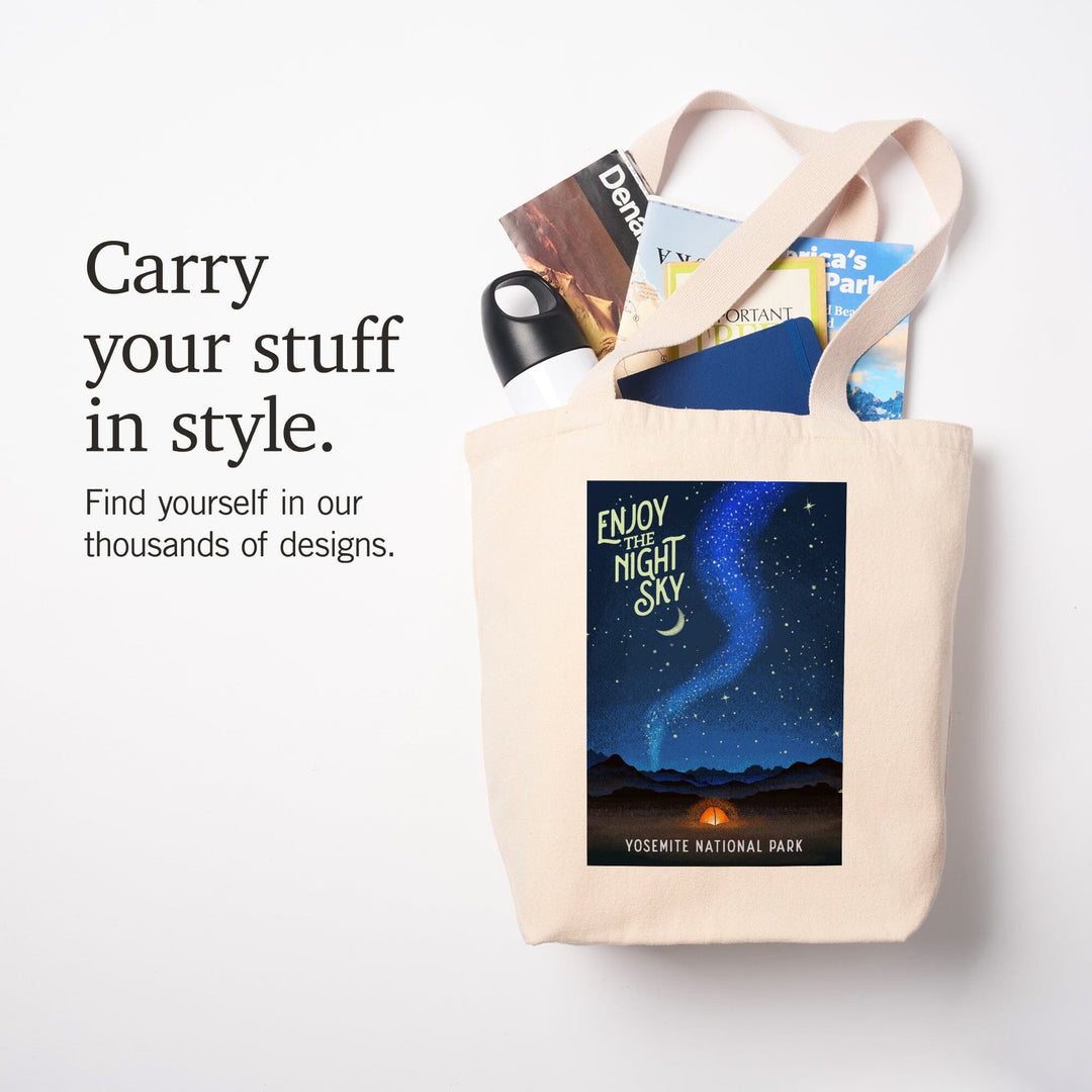 Yosemite National Park, California, Tent and Night Sky, Mid-Century Style, Tote Bag Totes Lantern Press 
