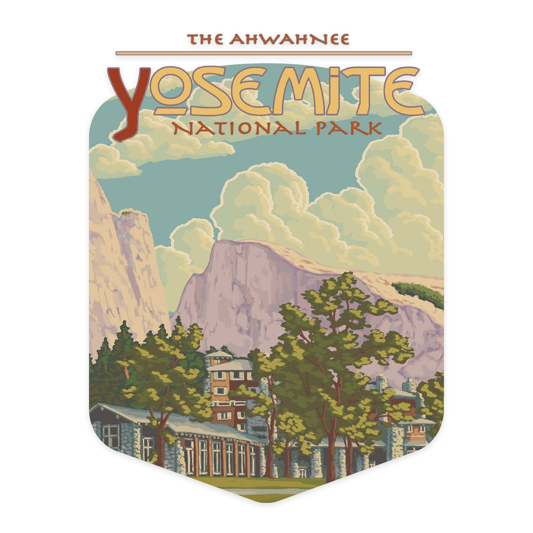 Yosemite National Park, California, The Ahwahnee and El Capitan, Contour, Vinyl Sticker Sticker Lantern Press 