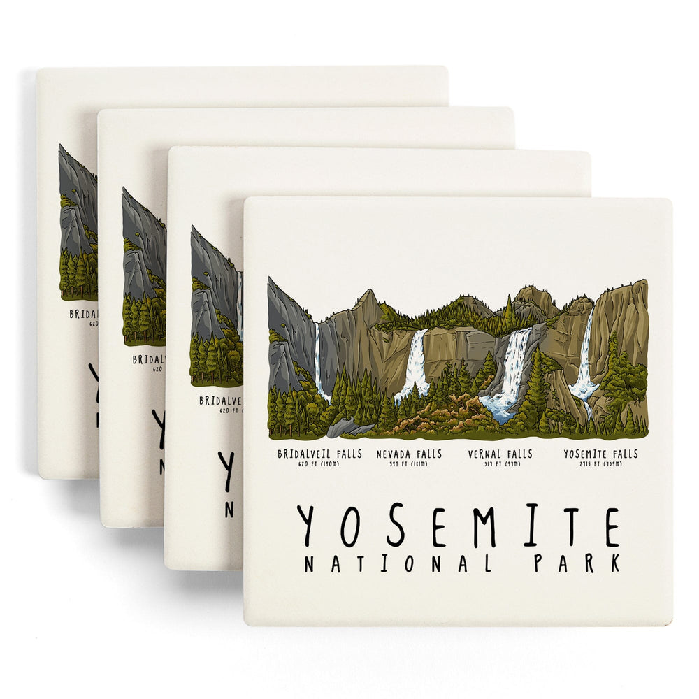Yosemite National Park, California, Waterfall Montage, Line Drawing, Coasters Coasters Lantern Press 