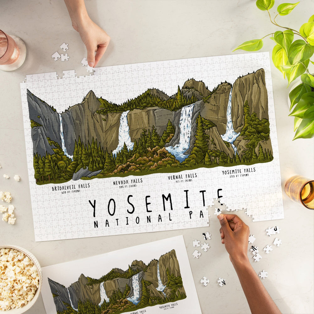 Yosemite National Park, California, Waterfall Montage, Line Drawing, Jigsaw Puzzle Puzzle Lantern Press 