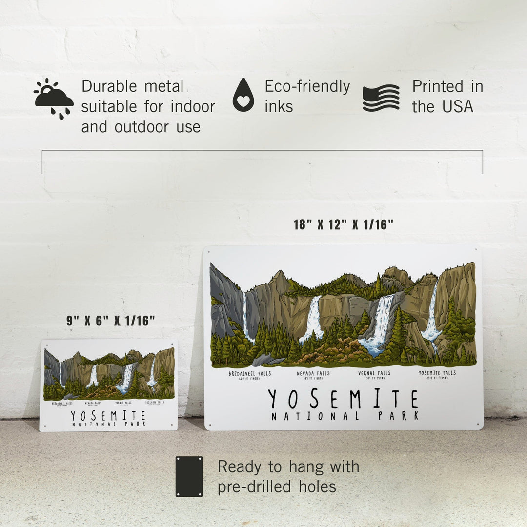 Yosemite National Park, California, Waterfall Montage, Line Drawing, Metal Signs Metal Lantern Press 