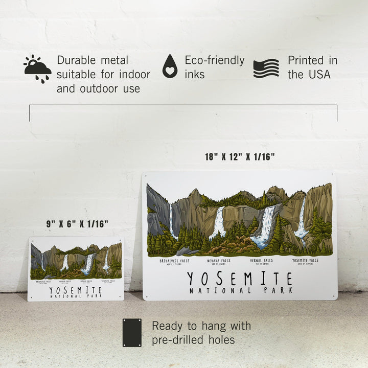 Yosemite National Park, California, Waterfall Montage, Line Drawing, Metal Signs Metal Lantern Press 