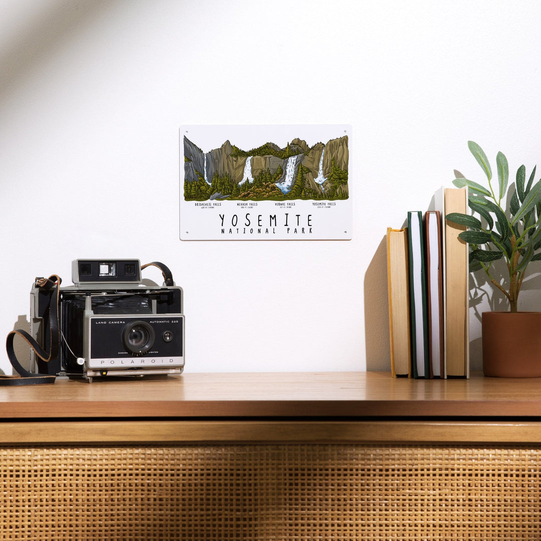 Yosemite National Park, California, Waterfall Montage, Line Drawing, Metal Signs Metal Lantern Press 