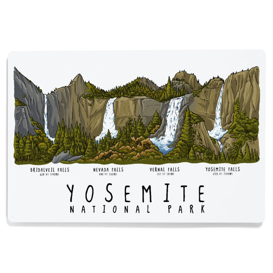 Yosemite National Park, California, Waterfall Montage, Line Drawing, Metal Signs Metal Lantern Press 