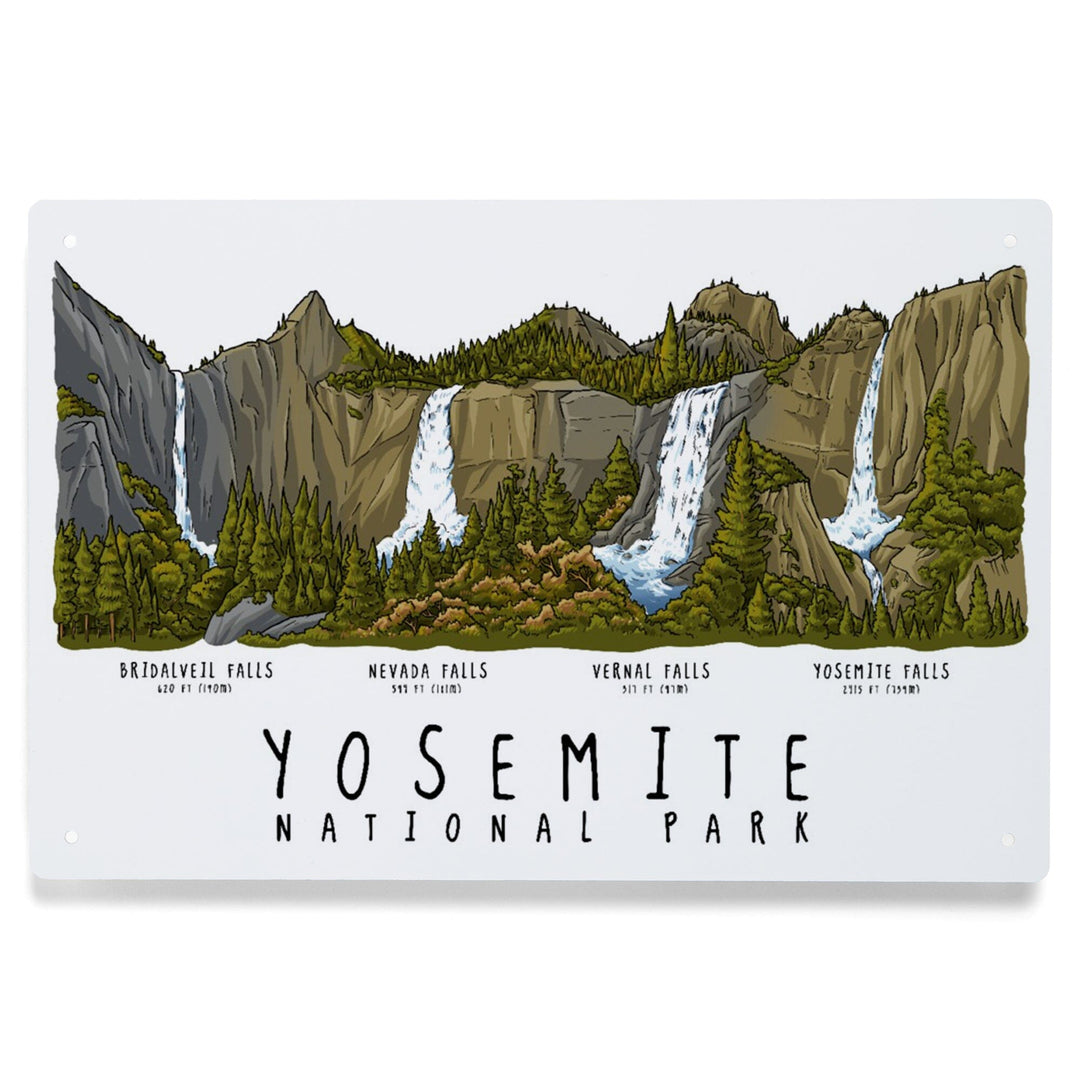 Yosemite National Park, California, Waterfall Montage, Line Drawing, Metal Signs Metal Lantern Press 