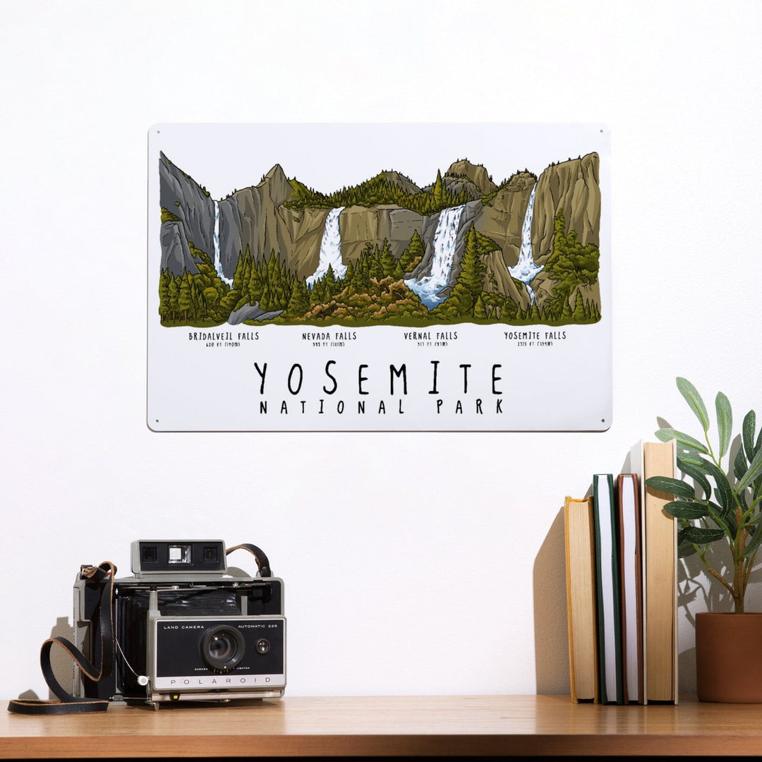 Yosemite National Park, California, Waterfall Montage, Line Drawing, Metal Signs Metal Lantern Press 