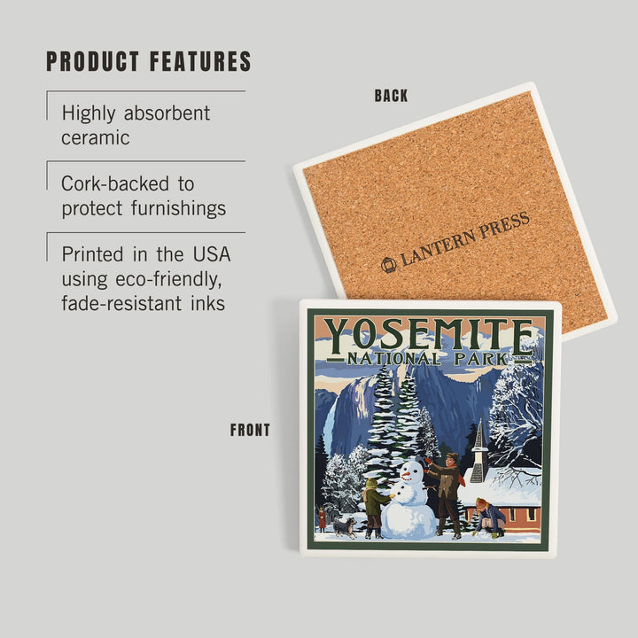 Yosemite National Park, California, Yosemite Chapel and Snowman, Coasters Coasters Lantern Press 