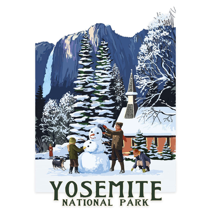 Yosemite National Park, California, Yosemite Chapel and Snowman, Contour, Vinyl Sticker Sticker Lantern Press 