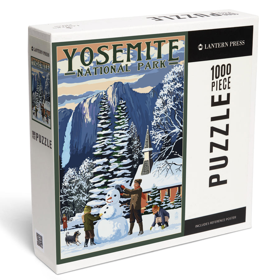 Yosemite National Park, California, Yosemite Chapel and Snowman, Jigsaw Puzzle Puzzle Lantern Press 