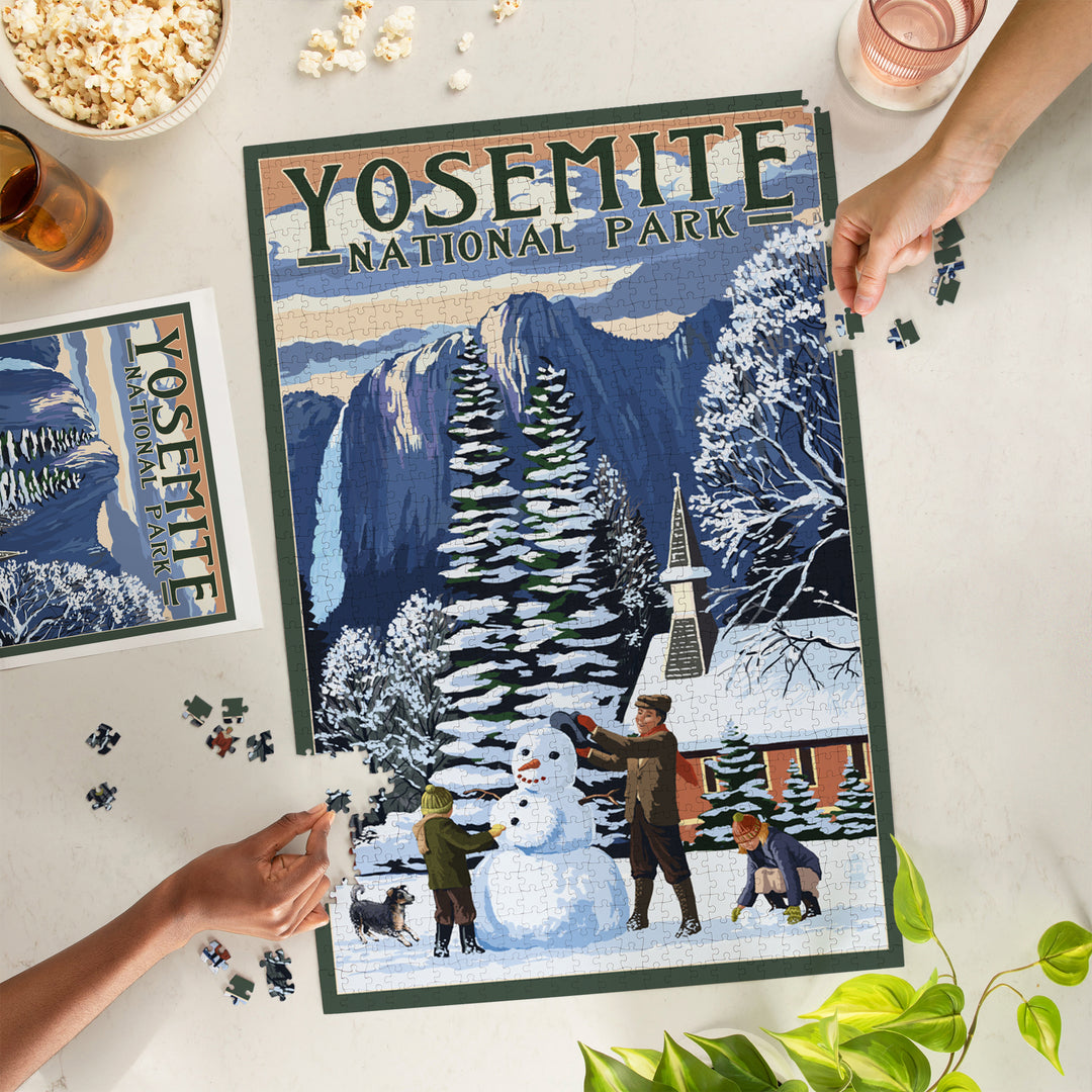 Yosemite National Park, California, Yosemite Chapel and Snowman, Jigsaw Puzzle Puzzle Lantern Press 