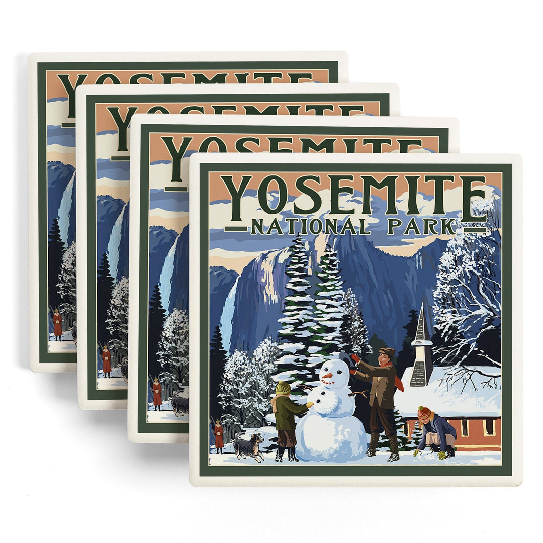 Yosemite National Park, California, Yosemite Chapel and Snowman, Lantern Press Artwork, Coaster Set Coasters Lantern Press 