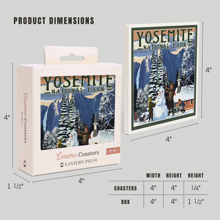 Yosemite National Park, California, Yosemite Chapel and Snowman, Lantern Press Artwork, Coaster Set Coasters Lantern Press 