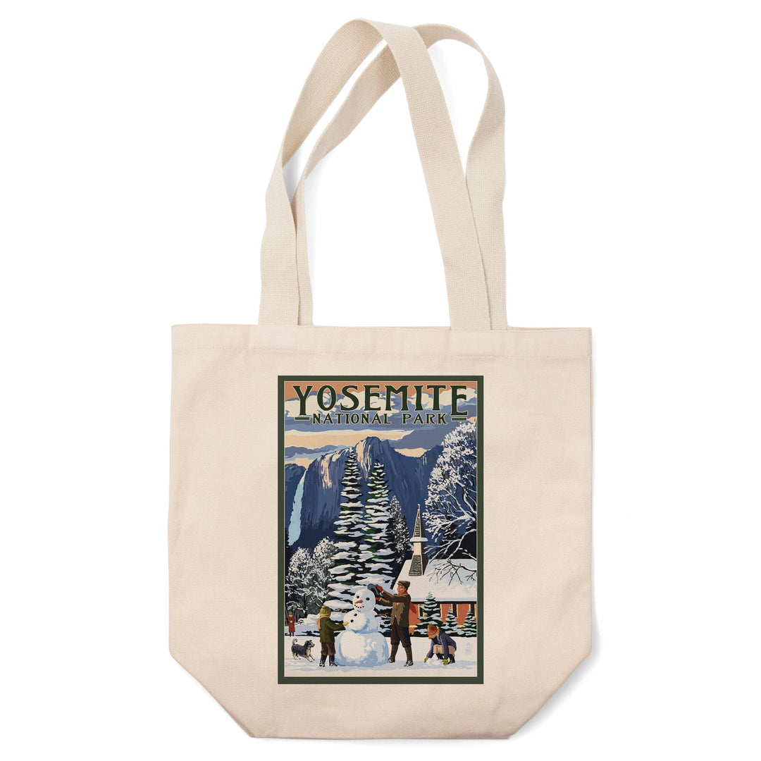 Yosemite National Park, California, Yosemite Chapel and Snowman, Lantern Press Artwork, Tote Bag Totes Lantern Press 